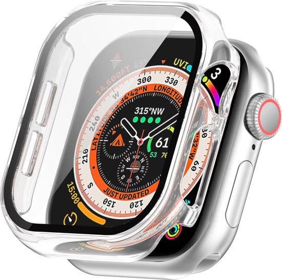 Transparante hardcase hoes voor Apple Watch 46mm met een scherm vol met data zoals locatie, hoogte en temperatuur.