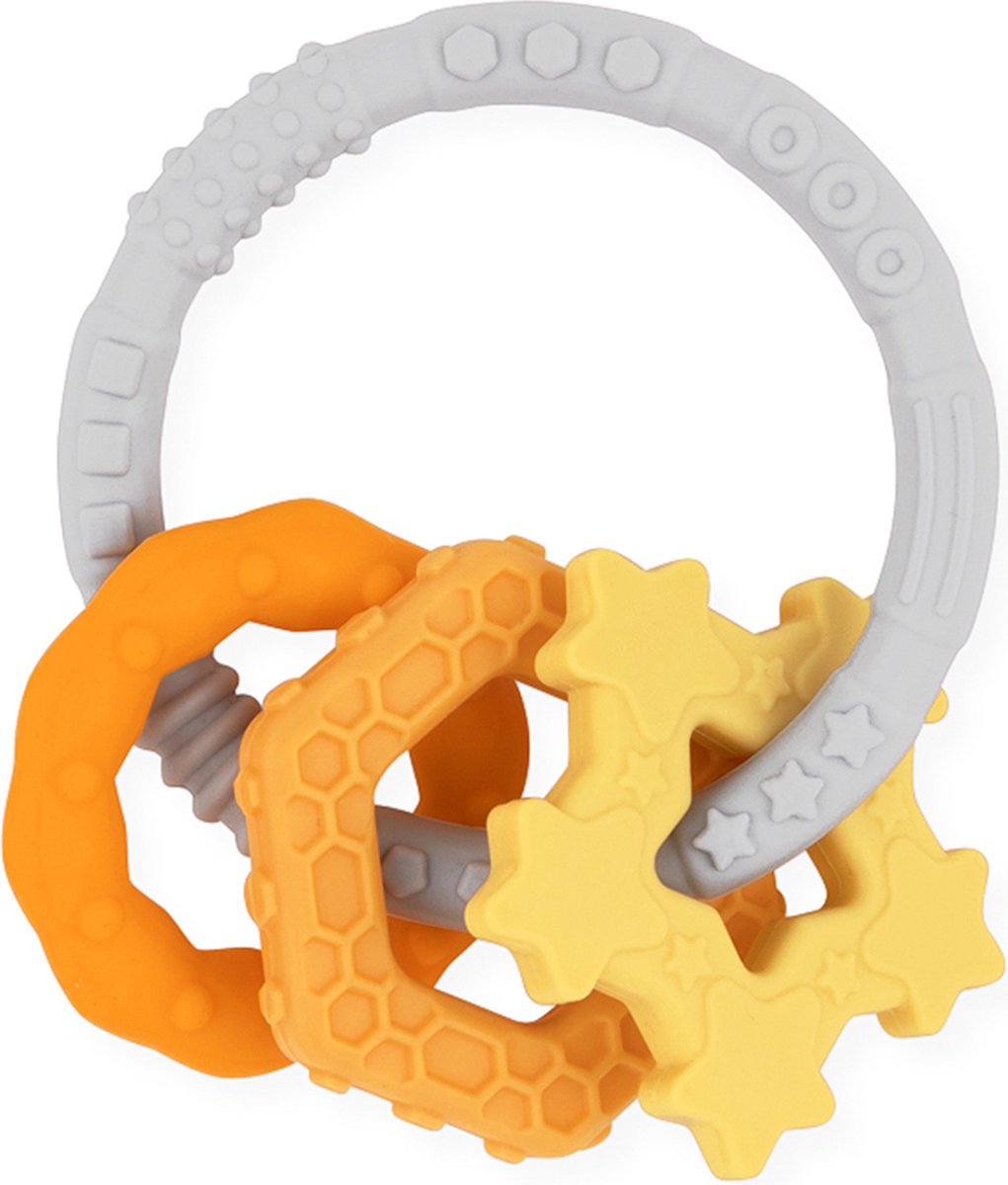 Bumkins Silicone Teething Charms Bijtring - Oranje - Vanaf 3 Maanden - Grote Getextureerde Ring (7,6 cm) met 3 Kleinere Hangers (5,1 cm) - 100% Voedselveilig Siliconen - BPA-, PVC-, Ftalaat- en Loodvrij - Vaatwasserbestendig