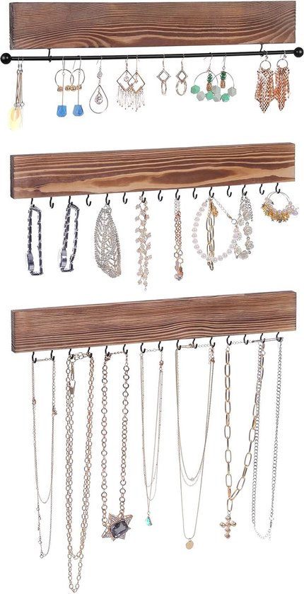 Foto: Sieraden organizer set van 3 muurplanken voor sieraden opslag vintage donkerbruin perfect cadeau idee