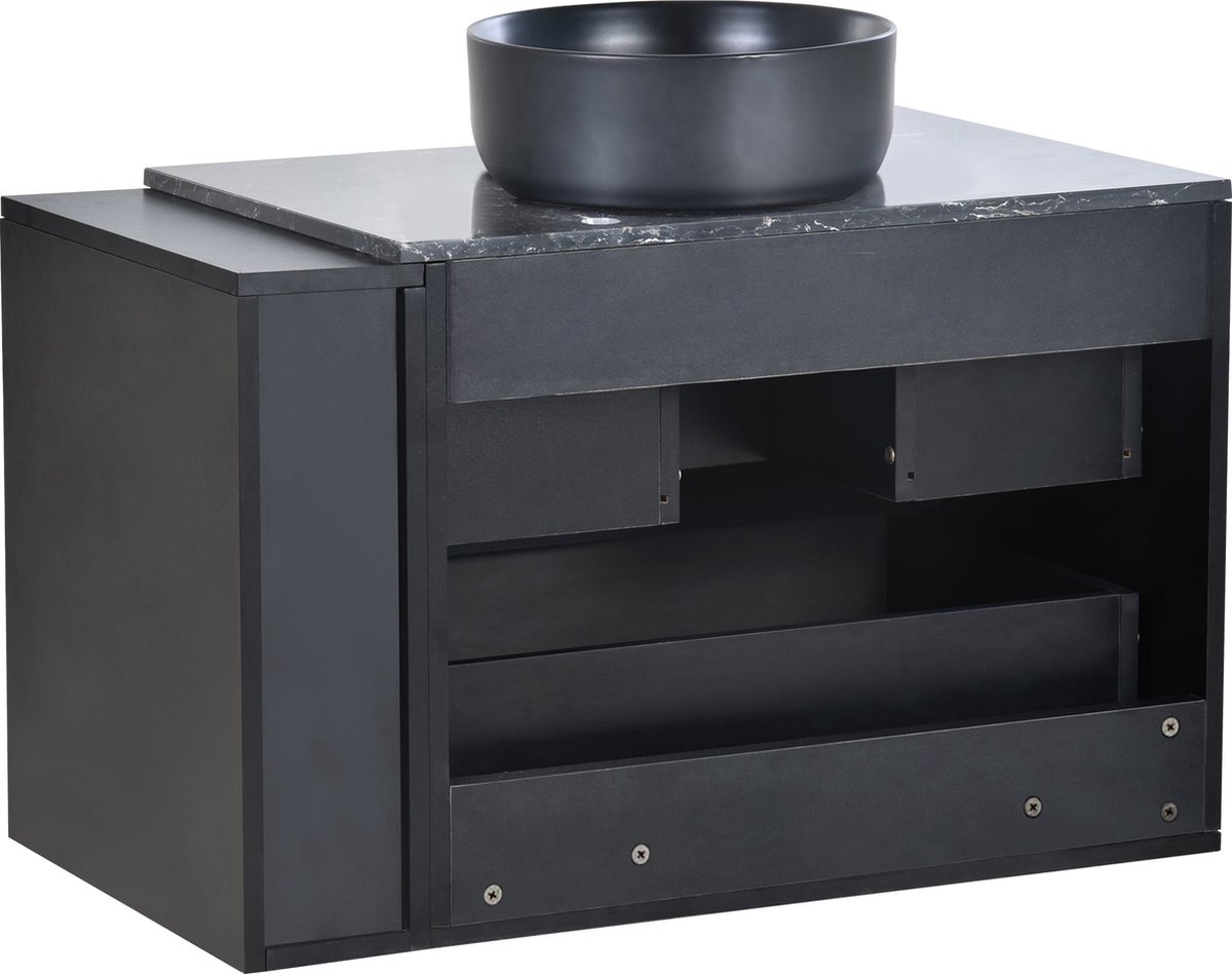 Merax Hangende Wastafelonderkast - 80 cm Breed - Met Keramische Wastafel en Soft-close Lades - Zwart/Grijs - Modern Design