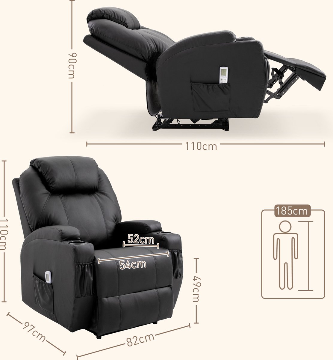 Afbeelding 2 van HOMCOM Massagestoel met Ligfunctie 8 Trilpunten Zwart