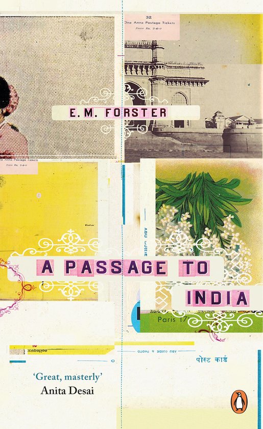 Boekomslag van 'A Passage to India' met collage-elementen: een vage foto van een vrouw, een gebouw, bloemen en tekst.