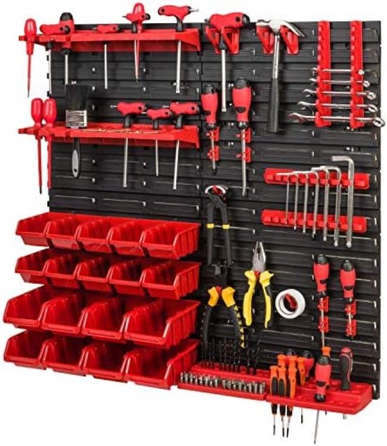 PAFEN Wandregal Stapelboxen - 772 x 780 mm – 81 Stück Boxen Werkstatt Lagersystem Schüttenregal (Rot/Blau/Schwarz