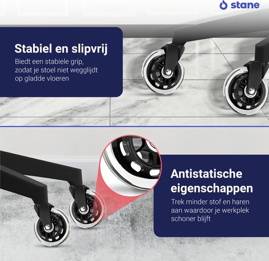 Stabiele en slipvrije Stane bureaustoelwieltjes, antistatisch, trekken minder stof aan. Ideaal voor gladde vloeren en een schonere werkplek.