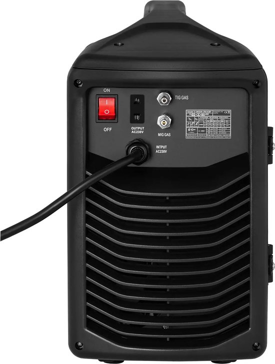 Achterkant van een zwart lasapparaat met een rode aan/uit schakelaar, aansluitingen en ventilatie.