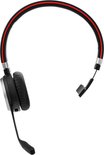 Zwarte Jabra headset met rode strepen op de hoofdband en microfoonarm.