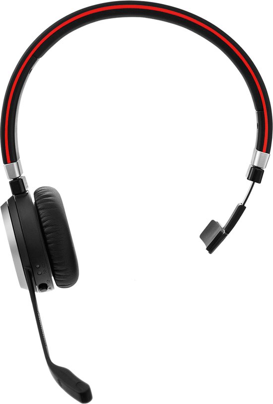 Zwarte Jabra headset met rode strepen op de hoofdband en microfoonarm.