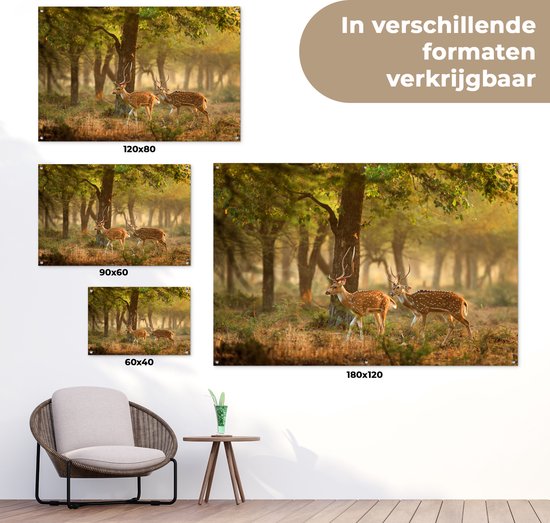 Tuinposter 180x120 cm - Tuindecoratie Herten - Bos - Herfst - Bosdieren - Natuur - Hert - Poster voor in de tuin - Buiten decoratie - Schutting tuinschilderij - Tuindoek muurdecoratie - Wanddecoratie balkondoek