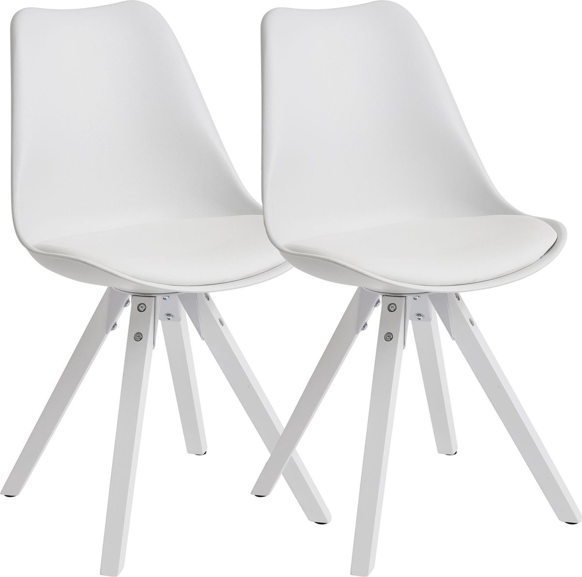 Set van 2 Retro Eetkamerstoelen Wit Scandinavisch | Rugleuning gestoffeerde stoel | Keukenstoel met witte poten | Stoel bekleed met kunstleer