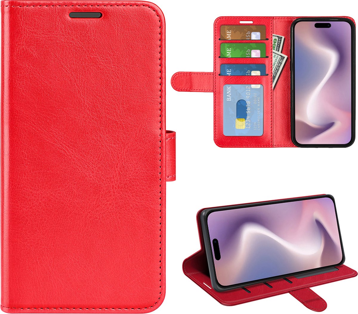 MobyDefend Hoesje - Geschikt voor iPhone 16 - Wallet Book Case (Sluiting Achterkant) - Rood