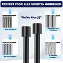 Zwarte gordijnroedes met verschillende ophangsystemen: ring, ingeslagen ring, tab top en in between.
