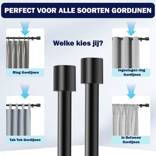 Zwarte gordijnroedes met verschillende ophangsystemen: ring, ingeslagen ring, tab top en in between.