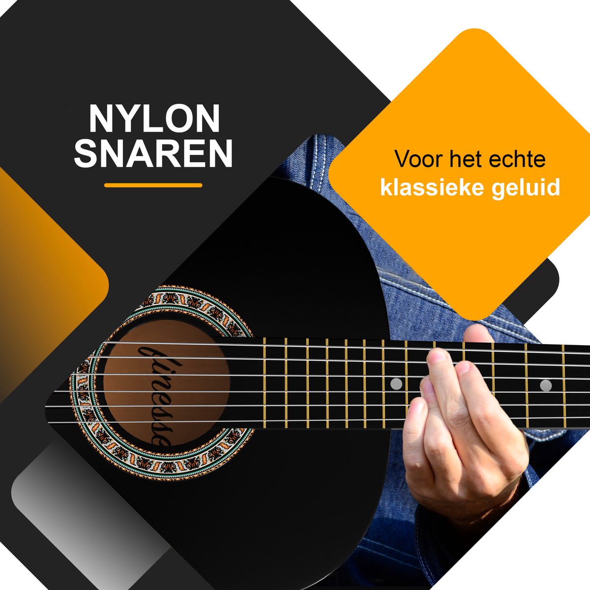 Finesse Akoestische Gitaar - met Videocursus - Nylon Snaren - Klassieke Gitaar - Spaanse Gitaar - Kind - Volwassenen - Zwart thumbnail 2