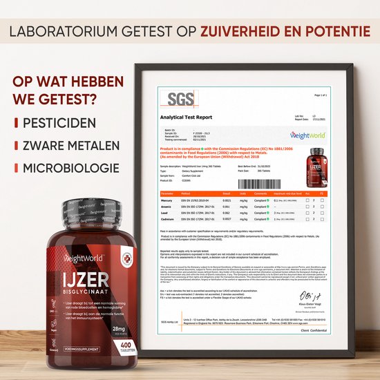 IJzer tabletten - 28 mg - 400 micro tabletten - Bisglycinaat voor optimale opname - 100% ADH - Laboratorium getest - Vegan IJzer supplement van WeightWorld