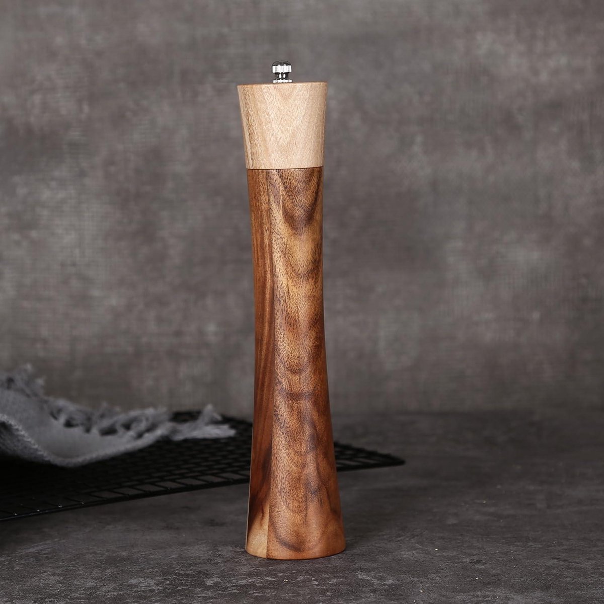 Handmatige houten zout en pepermolen - grof zout keramische molen - verstelbare kruidenmolens - acaciahout - 20cm S-vorm