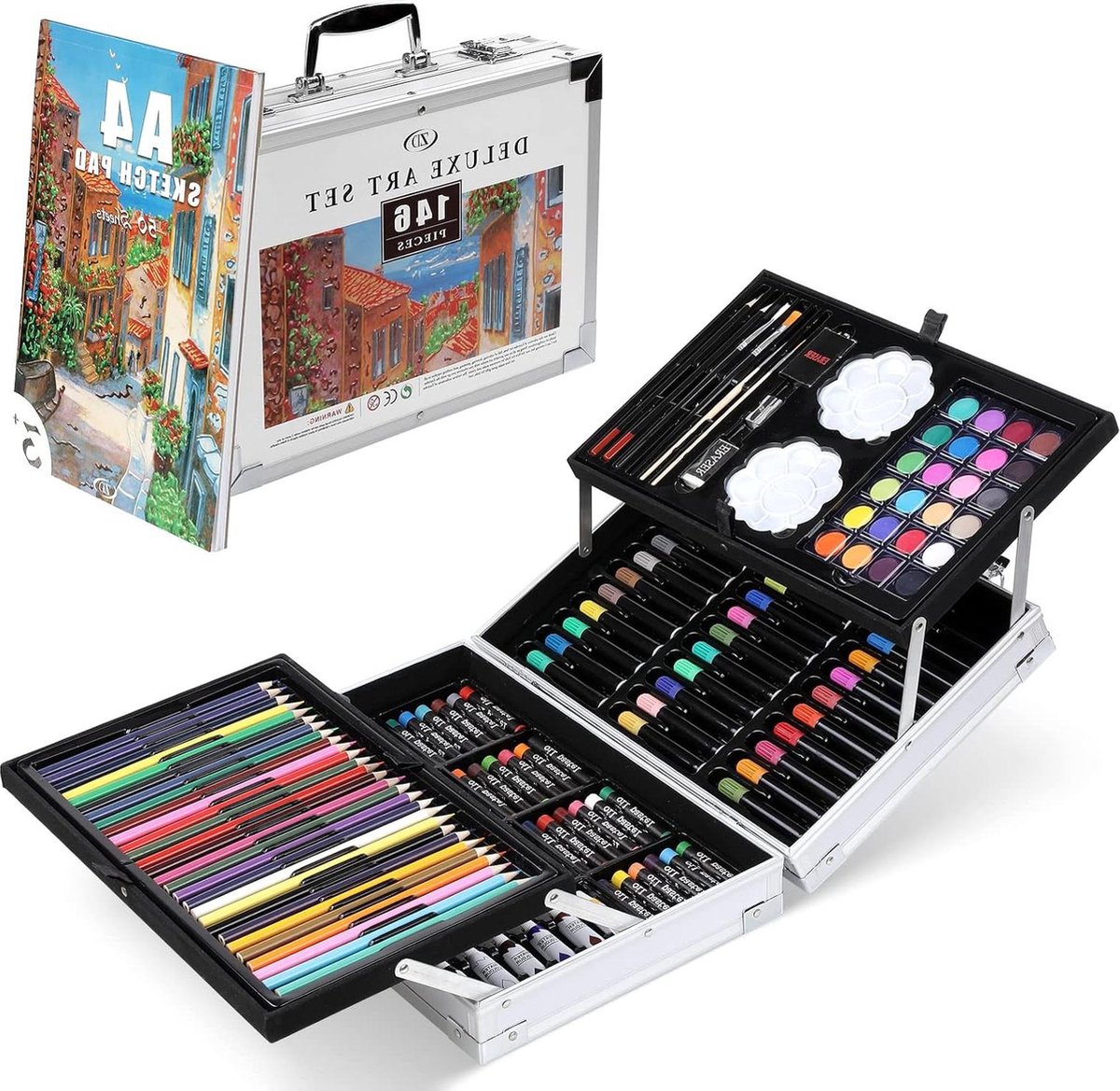 146-delige schilderset kinderen kleurpotloden markers acrylverf waskrijtstiften HB-stiften aquarelcake kwasten schetsblok Tekendoos