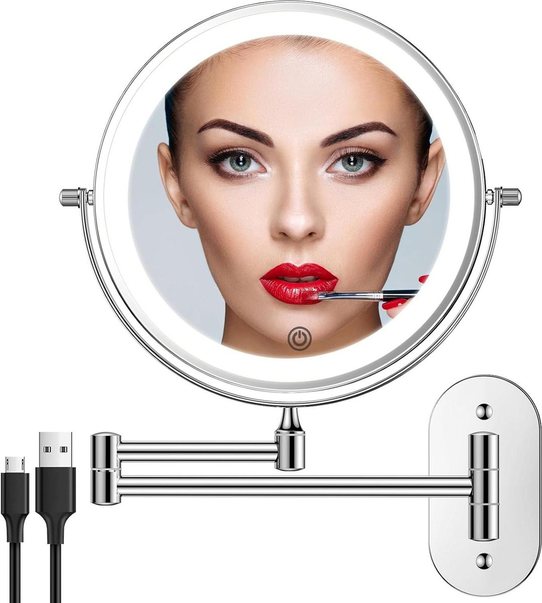 Make-up Spiegel Oplaadbare LED-verlichting 1X 10X Spiegelvergroting Wandmontage Dimbare Scheerspiegel 3 Kleuren Touchscreen 360° Draaibaar Badkamers