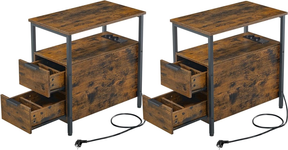 FurnStar - Bijzettafel - set van 2 - nachtkastje met stekkerdoos - 2 laden - banktafel - nachtkastje voor woonkamer - slaapkamer - vintage bruin + inktzwart