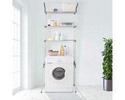 Wasruimte plank boven het toilet/wasmachine - opbergrek badkamer organizer met kleding hangende staaf - grijs Wasmachine rek