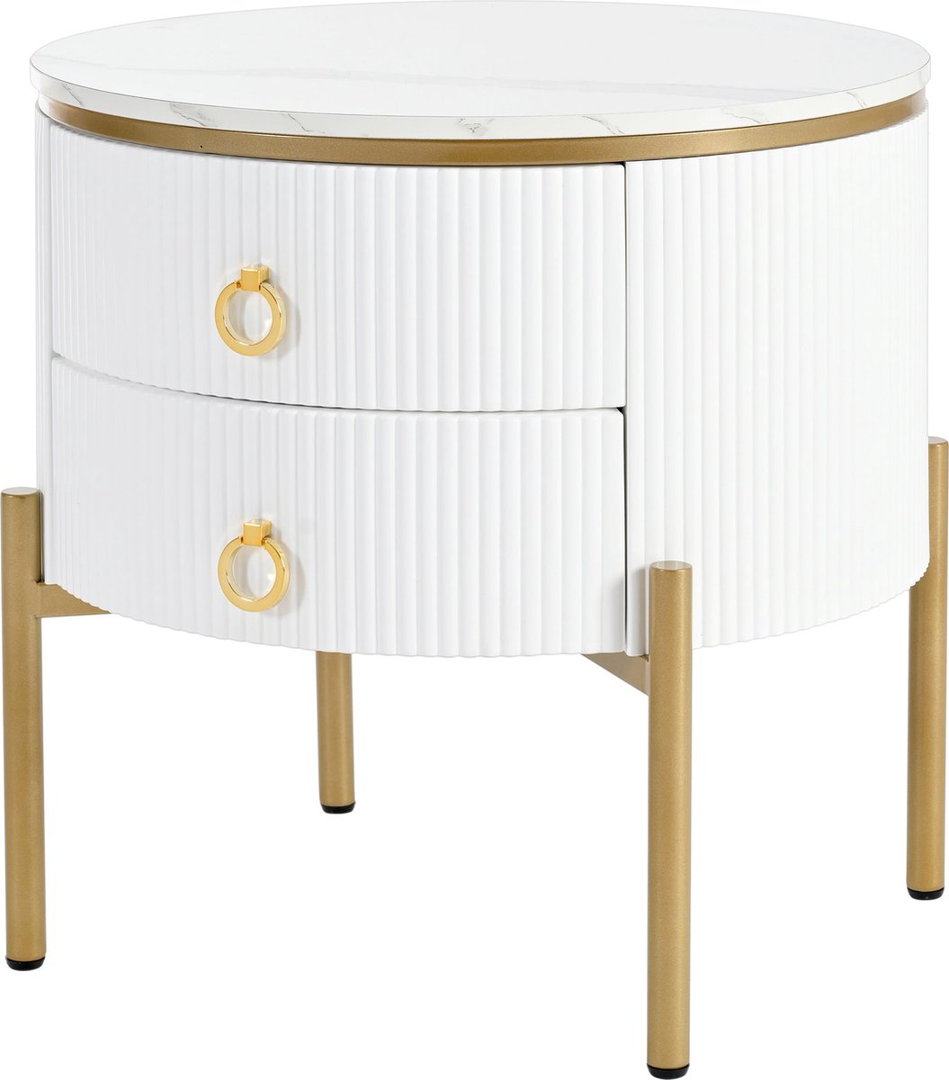 Merax Elegante Bijzettafel met Marmerlook Tafelblad en Gouden Accenten - Salontafel met Lades