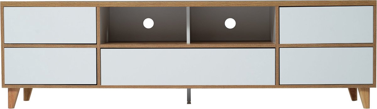 Merax TV Meubel 175 cm – Wit met Hout Bruin – Landelijk Design – 6 Deuren en Open Vakken