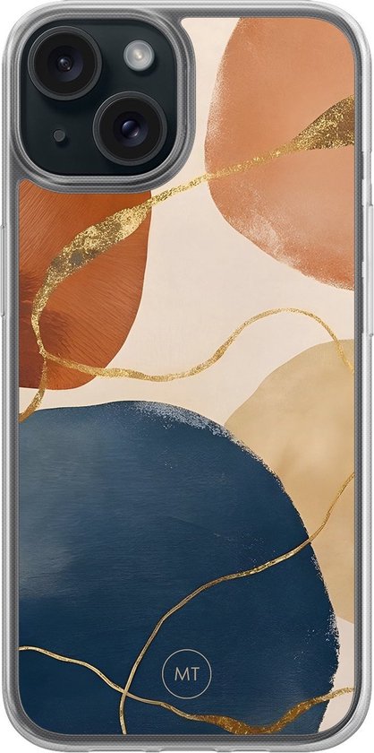Coque d'iPhone avec un imprimé abstrait dans des tons marron, bleu et beige avec des lignes dorées.