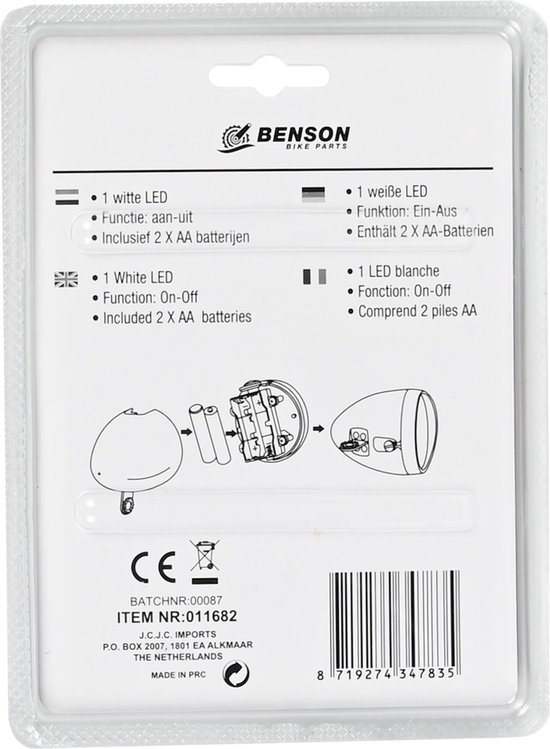 Benson Retro fietskoplamp - chroom - 1 LED - 15 meter zicht - inclusief batterijen — afbeelding 2
