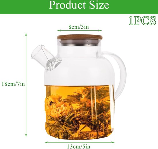OndaCore Theepot van glas, 800 ml, met zeef en houten deksel, voor losse thee, theezakjes en bloementhee, hoogborosilicaattheepot met filter, groot, druppelvrij