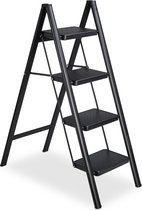 Buxibo - Keukentrapje/Vouwladder 4 Staps - Keukenopstapje - Opvouwbare ladderkruk - Trapladder - Anti-Slip - Metaal - Zwart