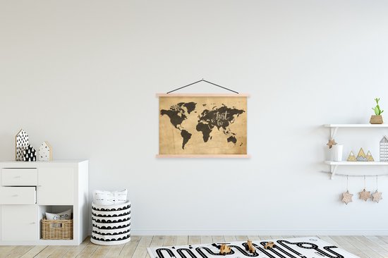 Affiche scolaire - Affiche textile - Wereldkaart - Just Go - Vintage - 90x60 cm - Affiche textile