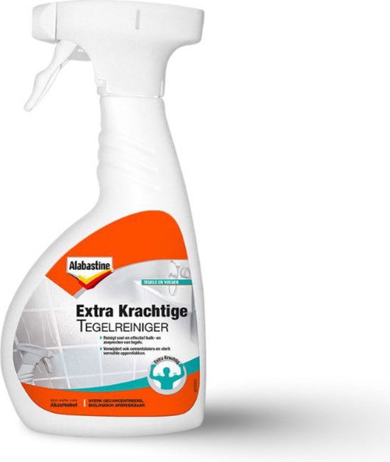 Alabastine Extra Krachtige Tegelreiniger met spuitfles, met oranje en witte etikettering.
