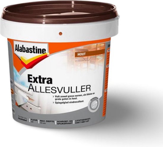 Alabastine Extra Allesvuller hout, pot wit met oranje en bruin deksel. Vult grove en kleine gaten in hout.