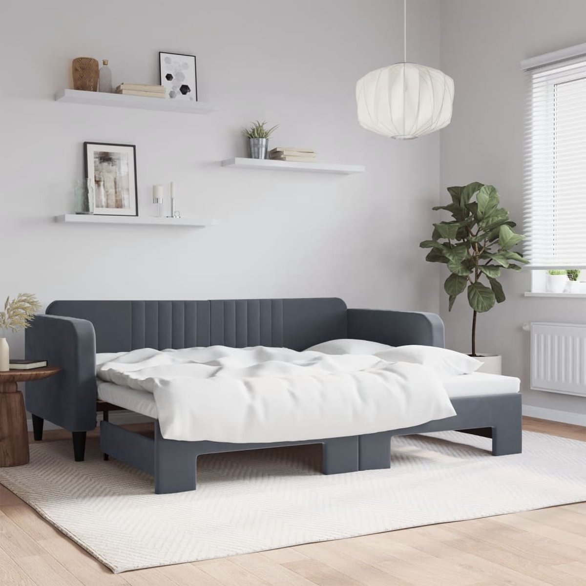 vidaXL Slaapbank - met - onderschuifbed - 90x200 - cm - fluweel - donkergrijs
