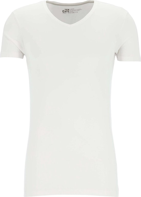 Wit, nauwsluitend T-shirt met V-hals en korte mouwen.