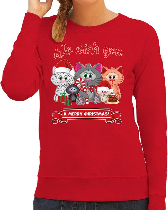 Bellatio Decorations Foute Kersttrui/sweater voor dames - We wish you - rood - kerst katjes XL