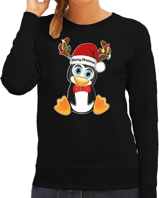 Bellatio Decorations Foute Kersttrui/sweater voor dames - Merry Christmas - zwart - kerst pinguin L