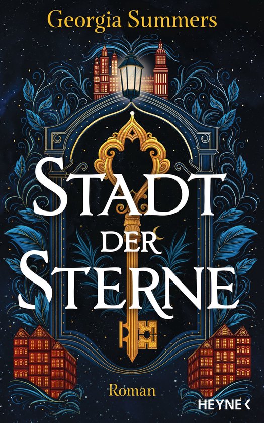 Boekomslag voor "Stadt der Sterne" van Georgia Summers, met een grote gouden sleutel, gebouwen en een nachtelijke sterrenhemel.