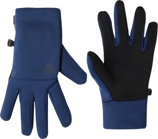 Navyblauwe The North Face Etip handschoenen, met zwart handpalm grip en geborduurd logo.