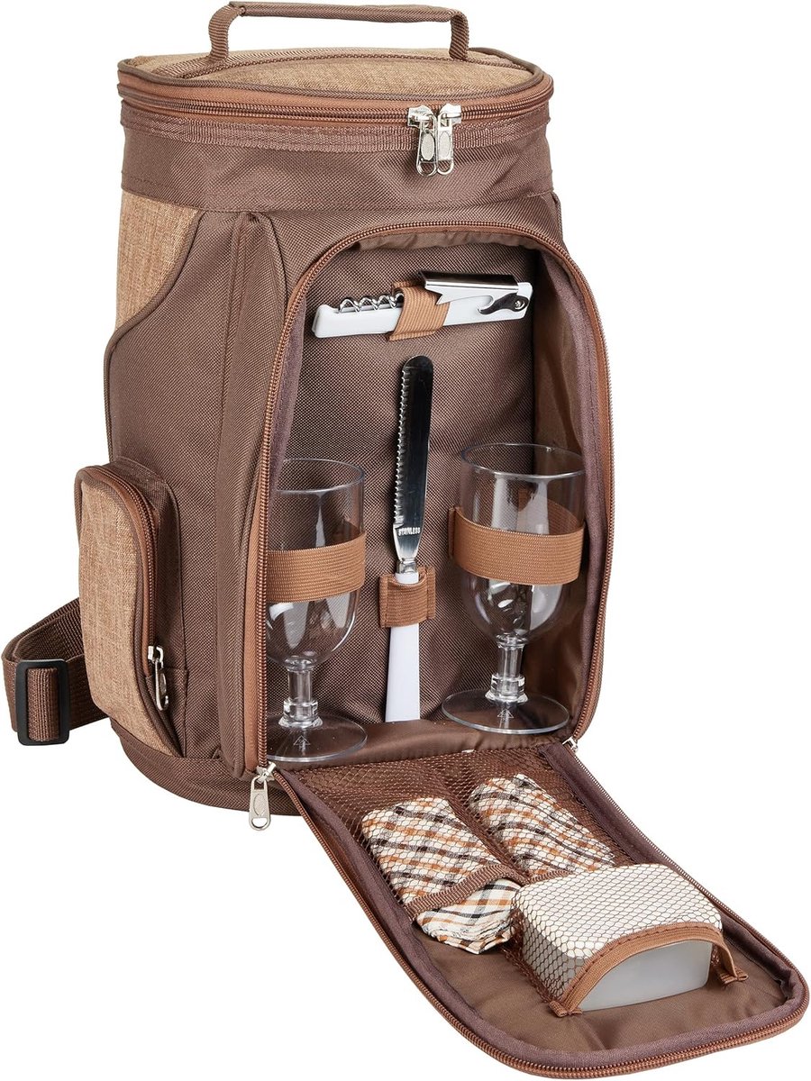 Picknickrugzak voor 2 tot 4 personen, koeltas met serviesset, bruin, 2 personen.