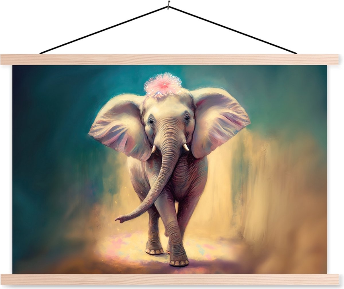 Posterhanger incl. Poster 60x40 cm - Schoolplaat - Olifant - Dieren - Verf - Bloemen - Por