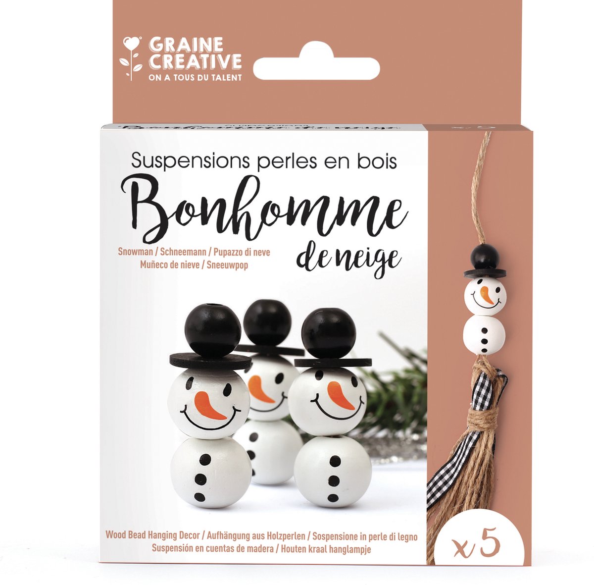 Graine Creative houten kralen sneeuwpop knutselset - kerstdecoratie - 5 stuks.