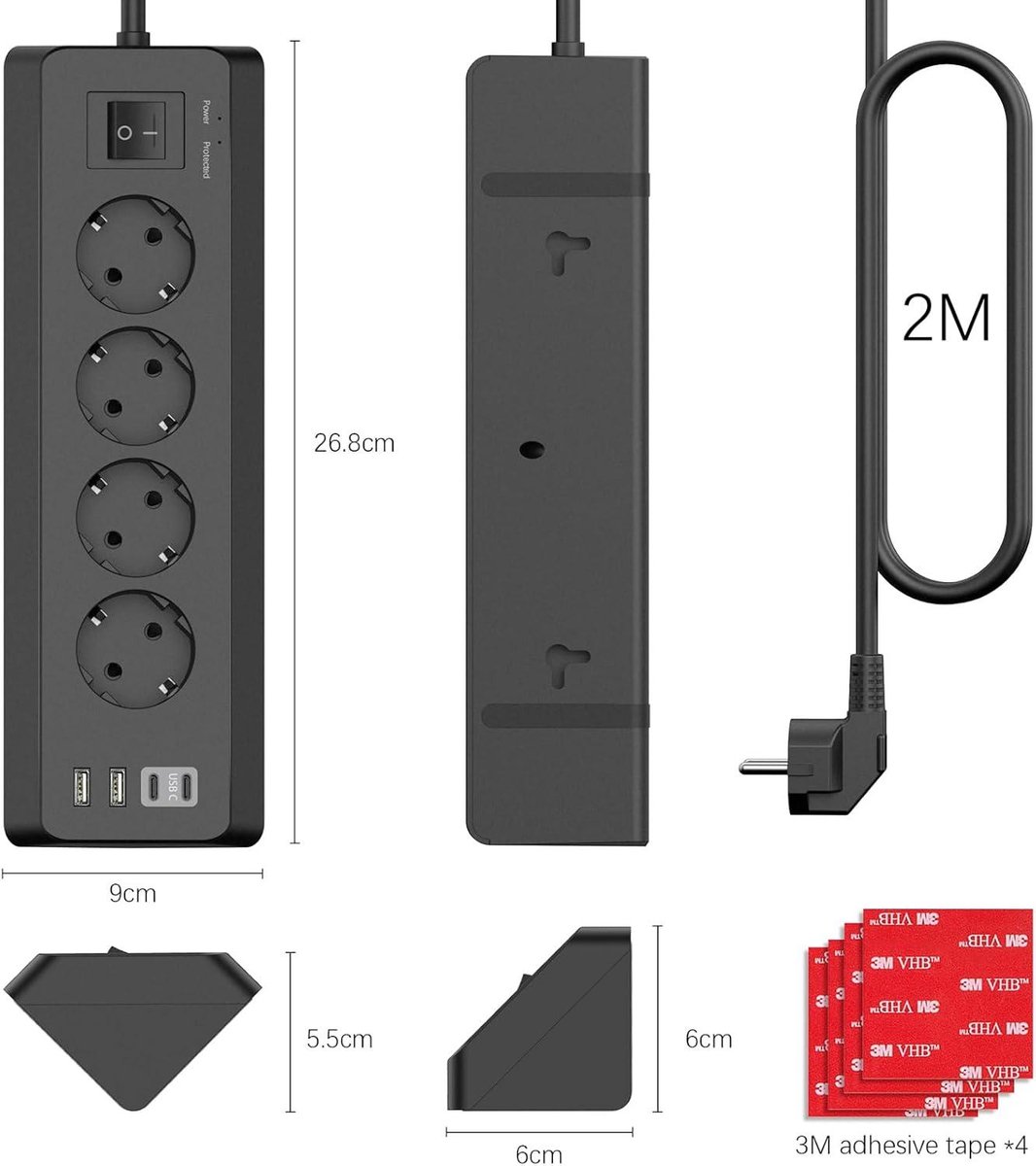 Stekkerdoos met usb c, stopcontact splitter met schakelaar 4-voudig