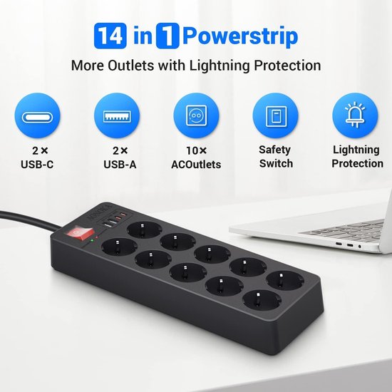 AICODE Meervoudige stekkerdoos, 8-voudige stekkerdoos met 4 USB (2 USB C), stekkerdoos voor wandmontage (4000W) met overspanningsbeveiliging 1050J en 1,5 m verlengkabel voor smartphones, laptop, wit