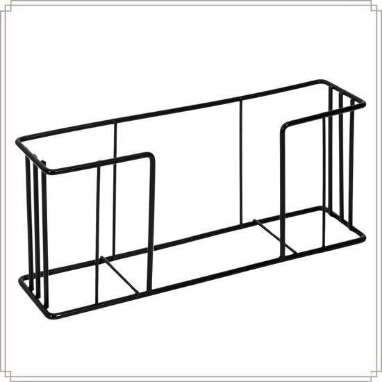 Zwarte metalen houder voor snijplanken, rechthoekig formaat met verticale spijlen.
