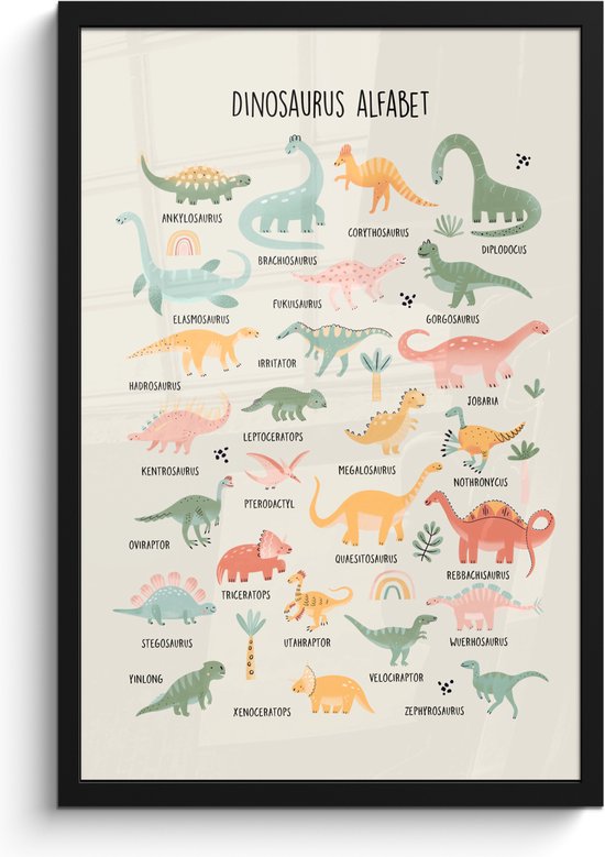 Foto: Poster in lijst fotolijst 40x60 cm posters dinosaurus alfabet leren voor kinderen dino s educatief posterlijst zwart kamer decoratie wanddecoratie kinderkamer muurdecoratie babykamer