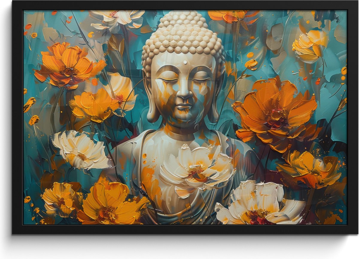 FrameYourWall Poster in lijst - Fotolijst 60x40 cm - Posters - Buddha - Bloemen - Kleurrijk - Modern - Posterlijst zwart - Decoratie - Wanddecoratie woonkamer - Muurdecoratie slaapkamer