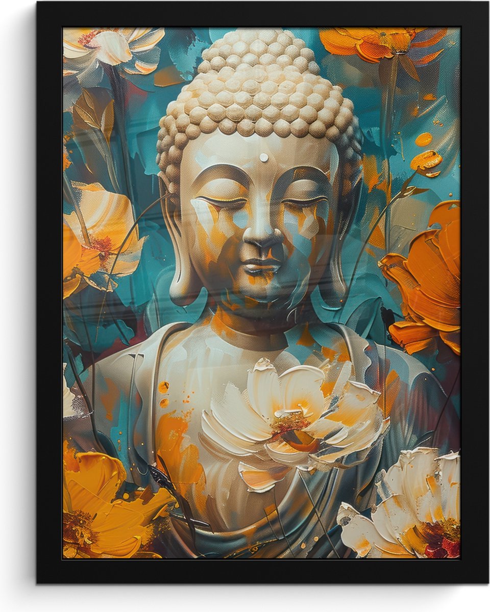 FrameYourWall Poster in lijst - Fotolijst 30x40 cm - Posters - Buddha - Bloemen - Kleurrijk - Modern - Posterlijst zwart - Decoratie - Wanddecoratie woonkamer - Muurdecoratie slaapkamer