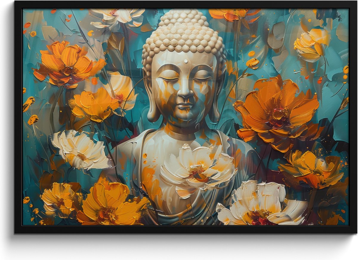 FrameYourWall Poster in lijst - Fotolijst 90x60 cm - Posters - Buddha - Bloemen - Kleurrijk - Modern - Posterlijst zwart - Decoratie - Wanddecoratie woonkamer - Muurdecoratie slaapkamer