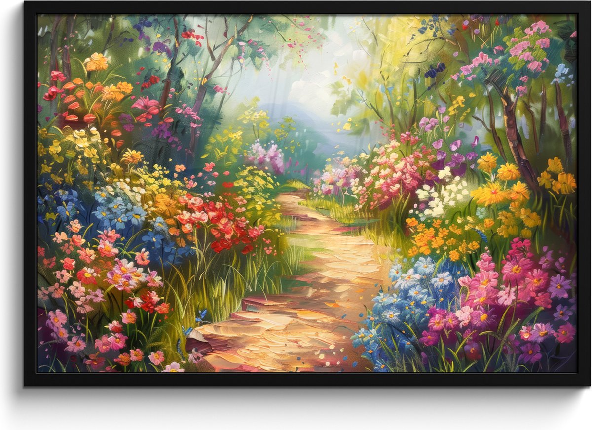 FrameYourWall Poster in lijst - Fotolijst 90x60 cm - Posters - Natuur - Landschap - Bloemen - Kleurrijk - Posterlijst zwart - Decoratie - Wanddecoratie woonkamer - Muurdecoratie slaapkamer Bloemen landschap
