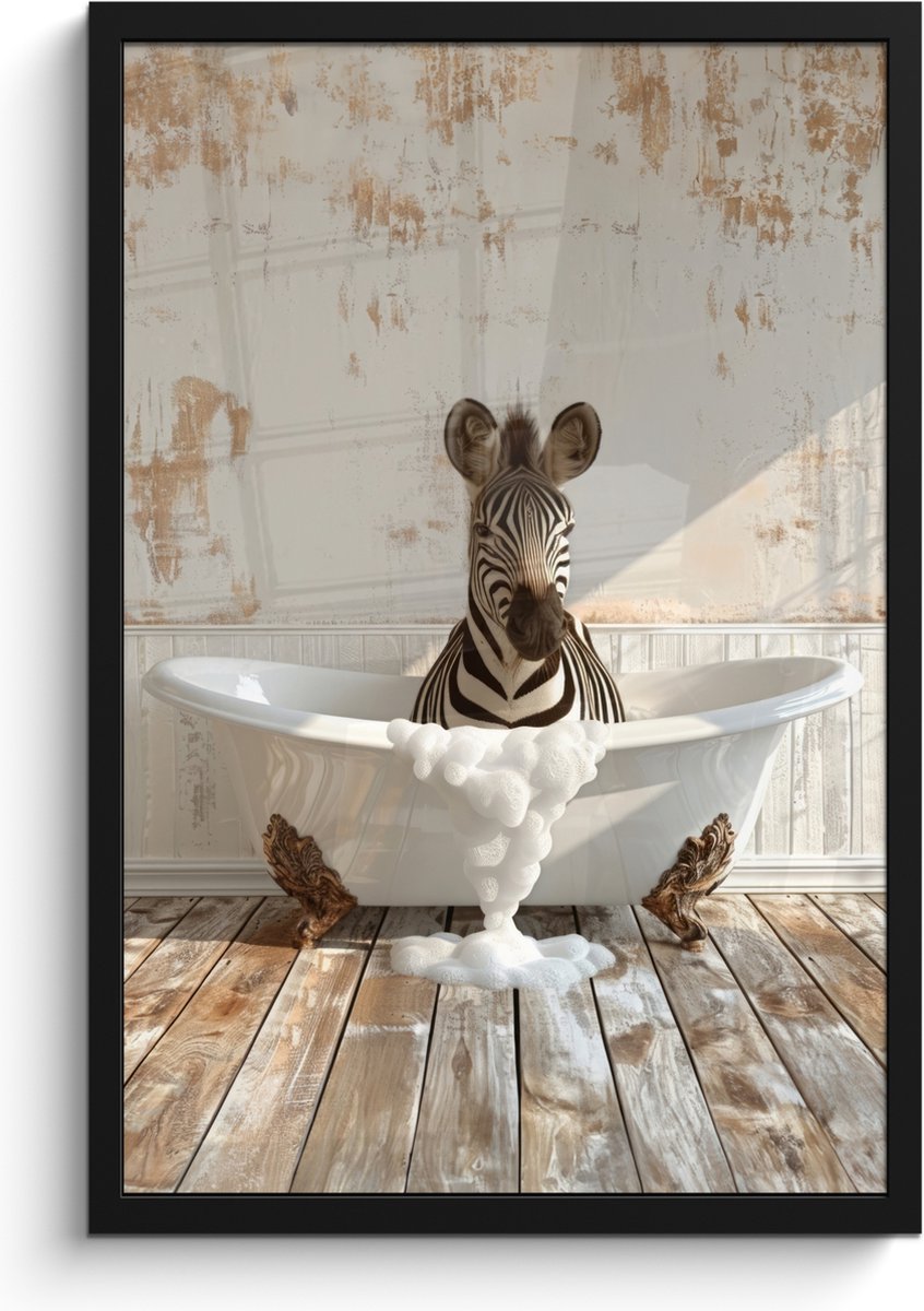 FrameYourWall Poster in lijst - Fotolijst 40x60 cm - Posters - Vintage - Zebra - Wilde dieren - Badkuip - Posterlijst zwart - Wanddecoratie badkamer - Muurdecoratie WC - Decoratieve accessoires - Toilet muur decoratie Zebra - Badkuip